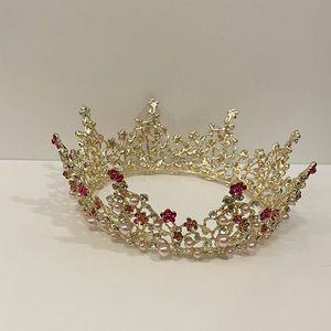 Golden crown with pink gems & pearls
